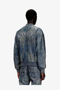 Back view of diesel men’s cobb leather jacket grey in blue denim with faded wash and white diesel embroidery