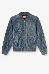 Diesel men’s cobb leather jacket grey featuring a diesel blue distressed leather bomber design with ribbed cuffs and collar