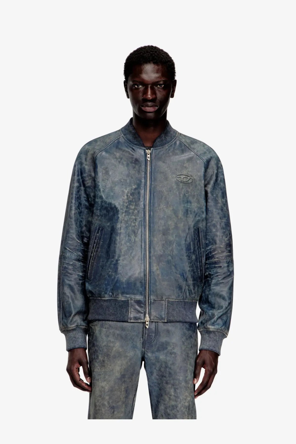 Diesel men’s cobb leather jacket grey with blue distressed leather and subtle embossed logo on left chest