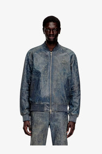 Diesel men’s cobb leather jacket grey with blue distressed leather and subtle embossed logo on left chest