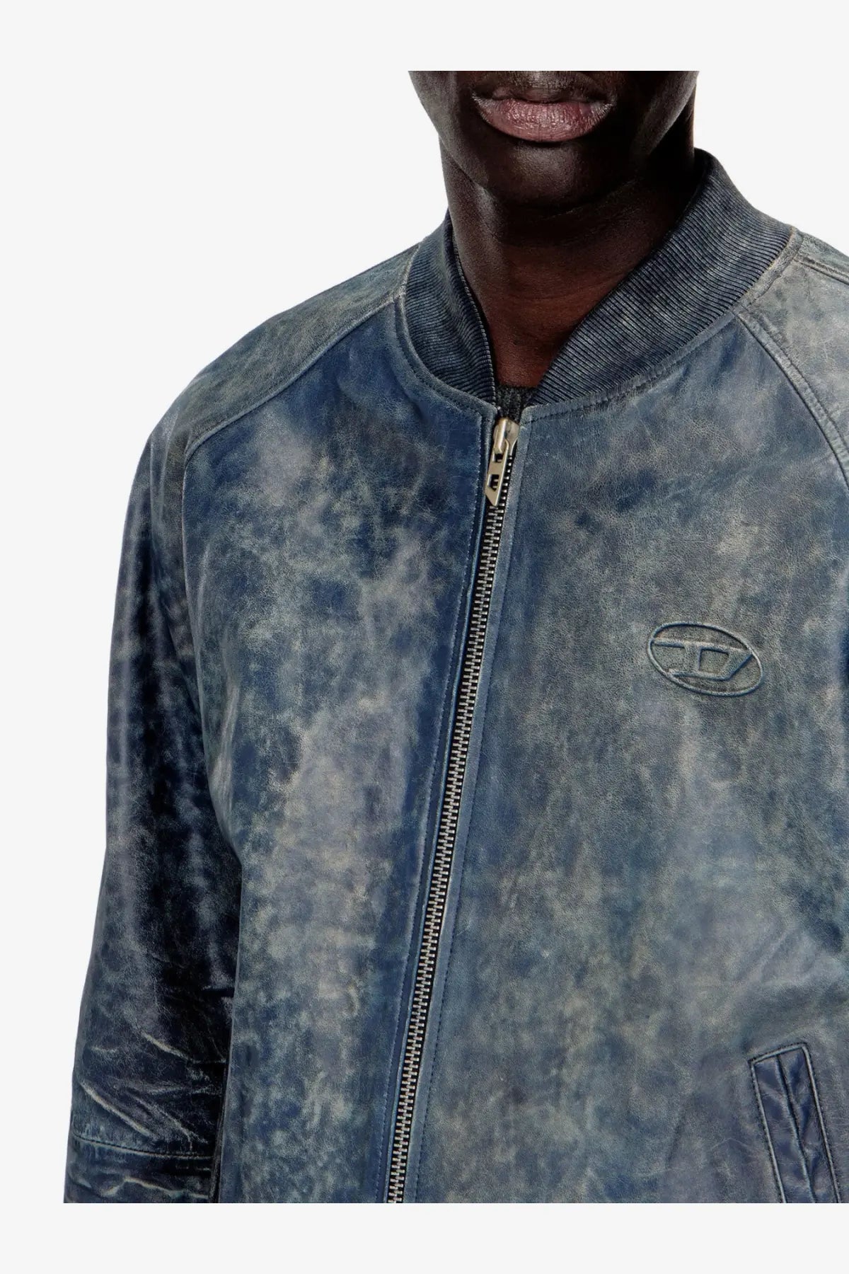 Diesel men’s gray leather bomber jacket with blue distressed finish and subtle embossed logo on the chest