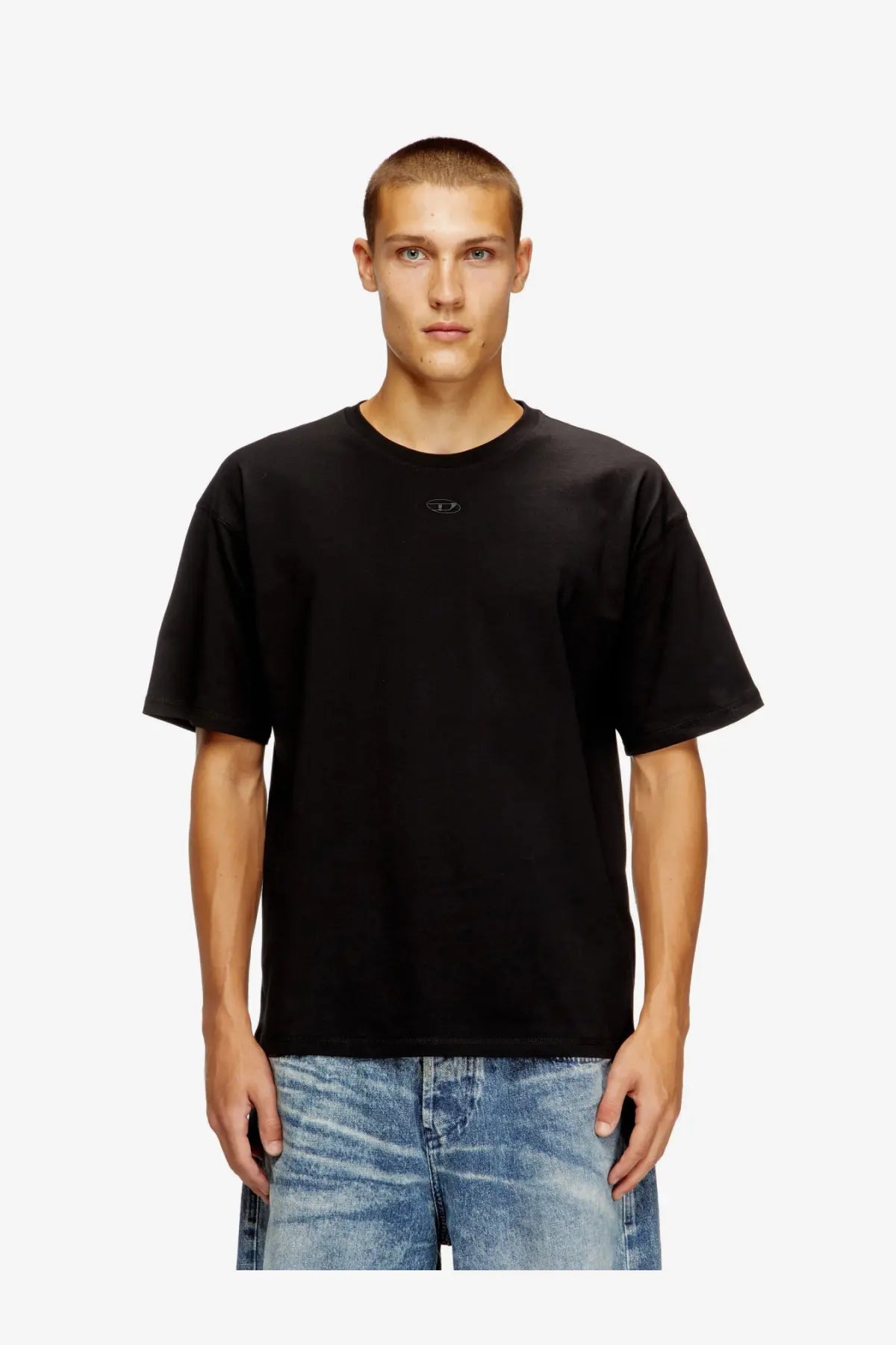 Diesel men’s black cotton short-sleeved crew neck t-shirt with a small embroidered logo on the chest