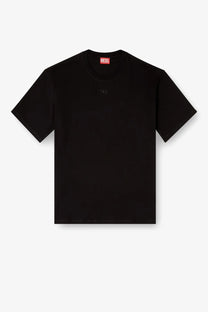 Diesel men’s black cotton t-shirt featuring a subtle embroidered logo on the chest and a red brand tag at the collar