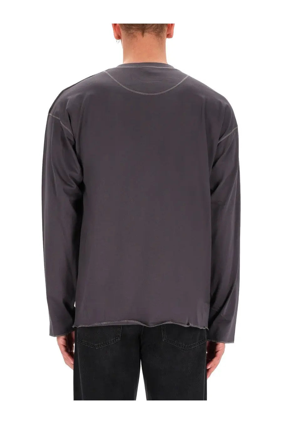 Diesel men’s dark gray cotton long-sleeved shirt with subtle contrasting stitching and a slightly frayed hem