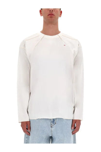 Diesel men’s white cotton long-sleeved crewneck shirt with subtle seam detailing and small chest logo