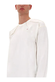 Diesel men’s white cotton shirt with long sleeves structured shoulder panels and subtle red logo on the chest