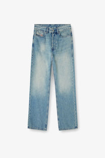 Diesel men’s eeper blue denim jeans in light-wash with straight-leg cut and five-pocket design featuring diesel logo