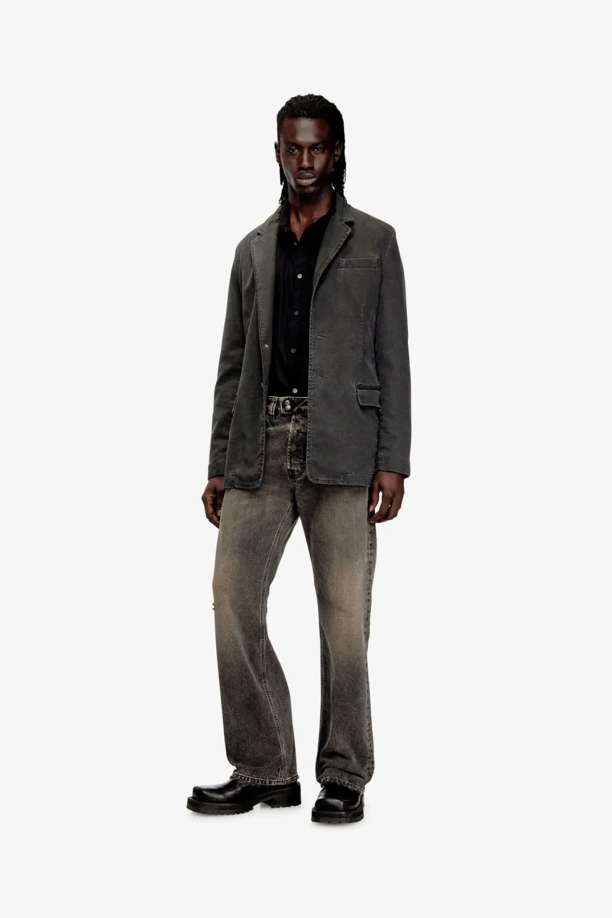 Dark gray denim blazer with classic fit and subtle distressing paired with diesel men’s eeper ra denim trousers black