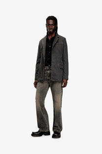 Dark gray denim blazer with classic fit and subtle distressing paired with diesel men’s eeper ra denim trousers black