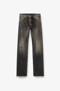 Dark gray distressed denim jeans with frayed hems and subtle fading diesel men’s eeper ra denim trousers black