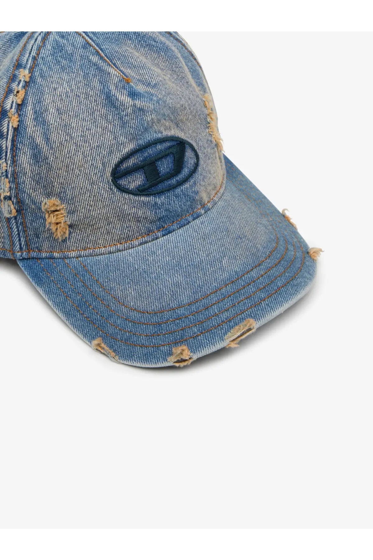 Distressed blue denim baseball cap with dark embroidered logo from diesel mens enic denim blue collection