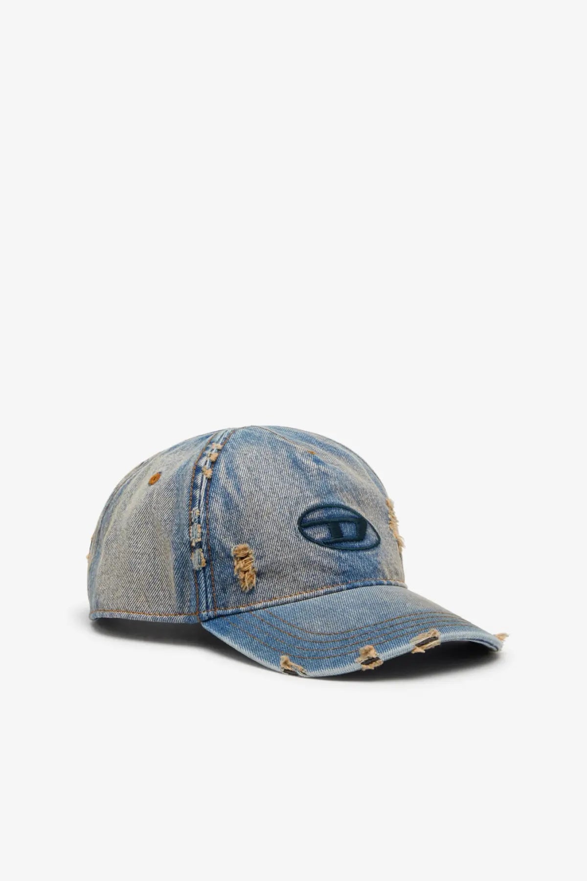 Diesel men’s Enic denim blue distressed baseball cap with faded blue wash frayed edges and embroidered logo
