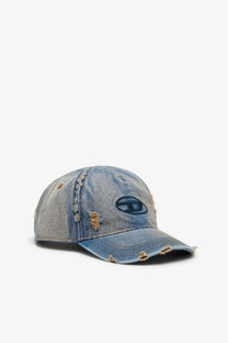 Diesel men’s Enic denim blue distressed baseball cap with faded blue wash frayed edges and embroidered logo