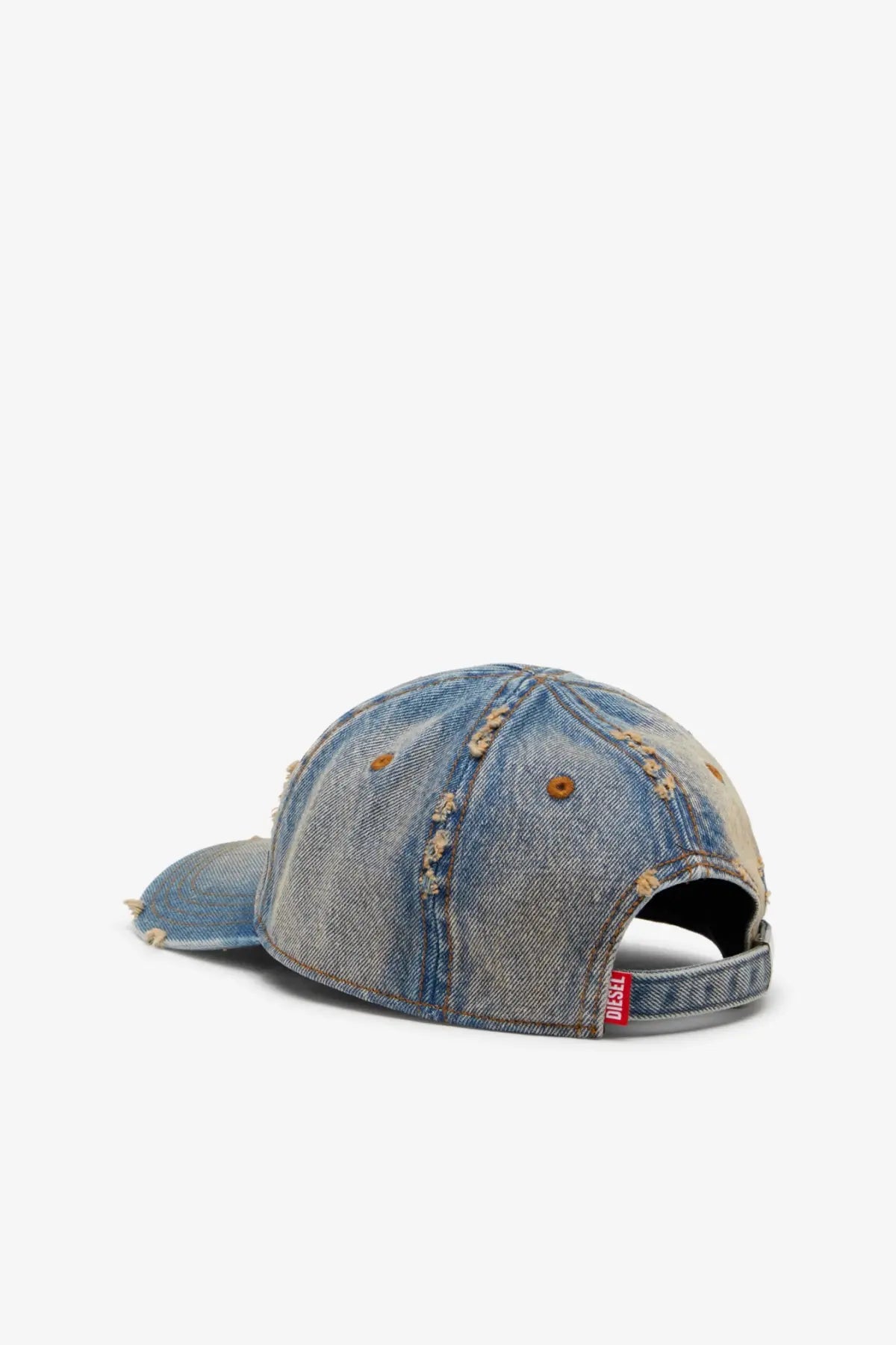 Diesel men’s Enic denim blue distressed baseball cap with faded wash frayed edges and brown stitching accents