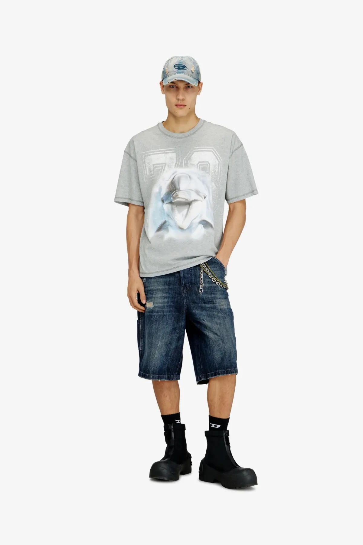 Diesel men’s Enic denim blue gray t-shirt with a white dolphin graphic and number 72 printed on the front