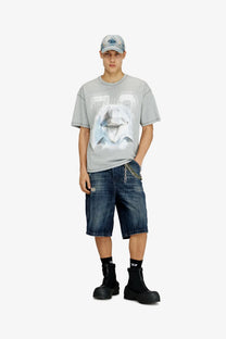 Diesel men’s enic denim blue gray t-shirt with white dolphin graphic and number 72 printed on front