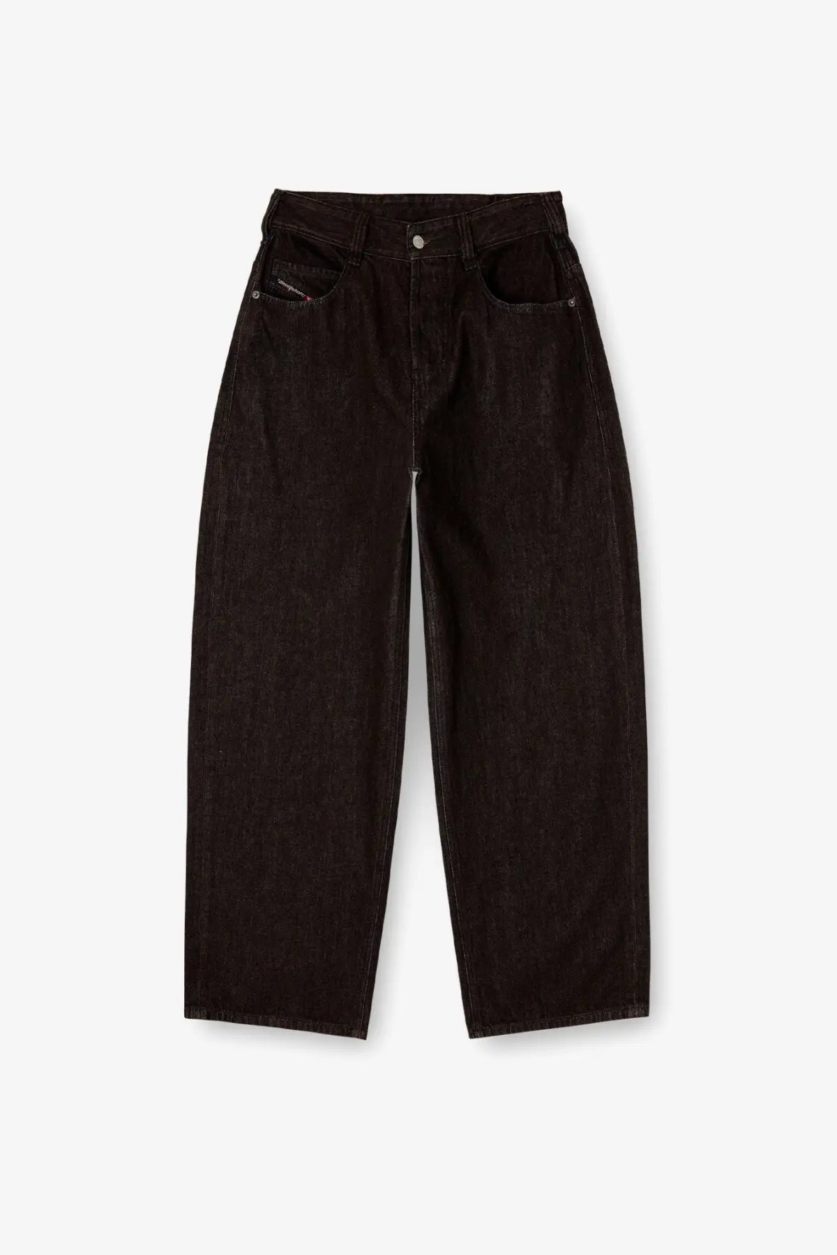 Diesel men’s black denim trousers with relaxed wide-leg cut and subtle fading details in black denim material