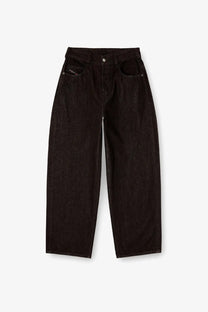 Diesel men’s enim black denim trousers with relaxed wide-leg cut and subtle fading details on black denim fabric