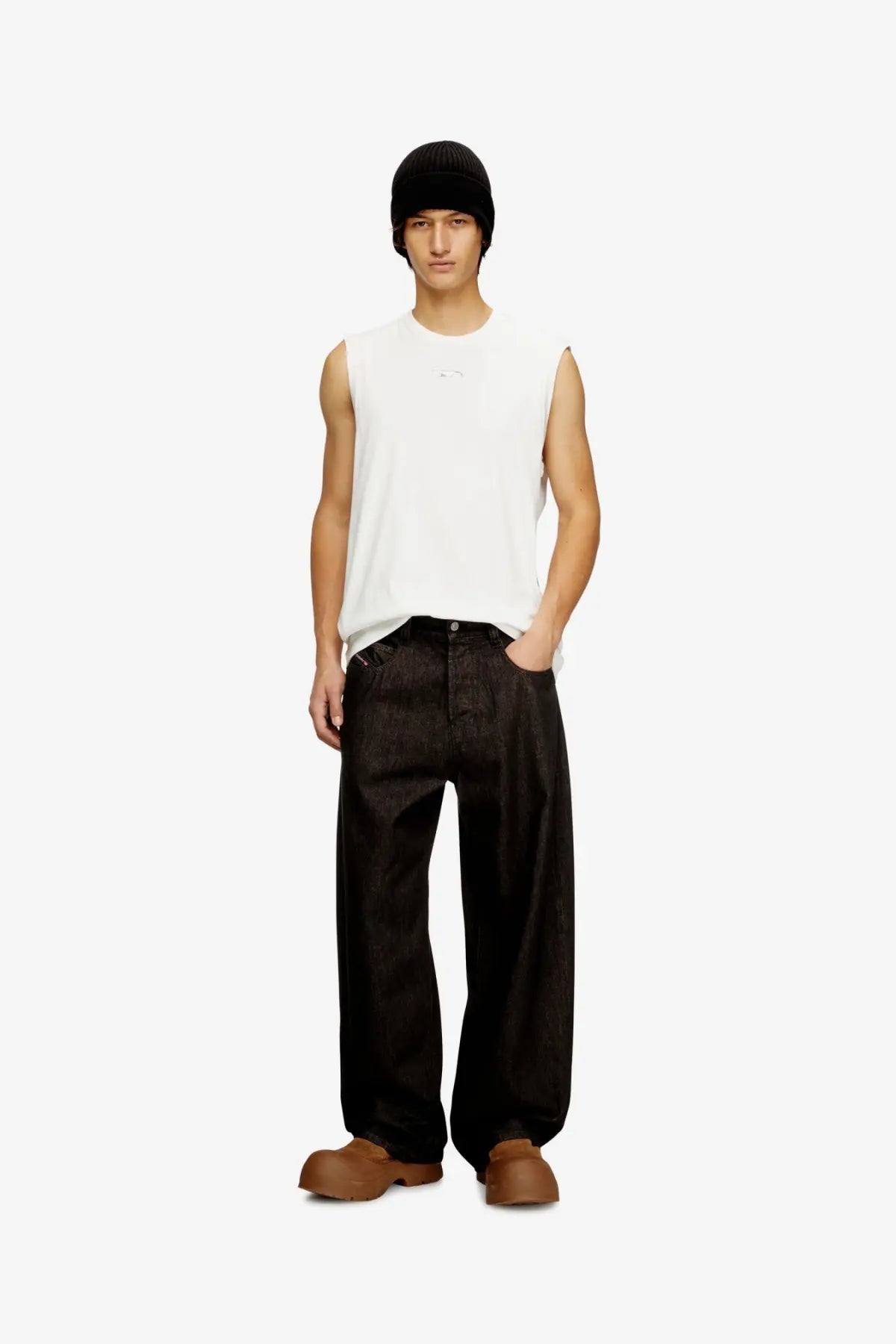 Diesel men’s black wide-leg denim trousers made of sturdy black denim perfect for casual wear