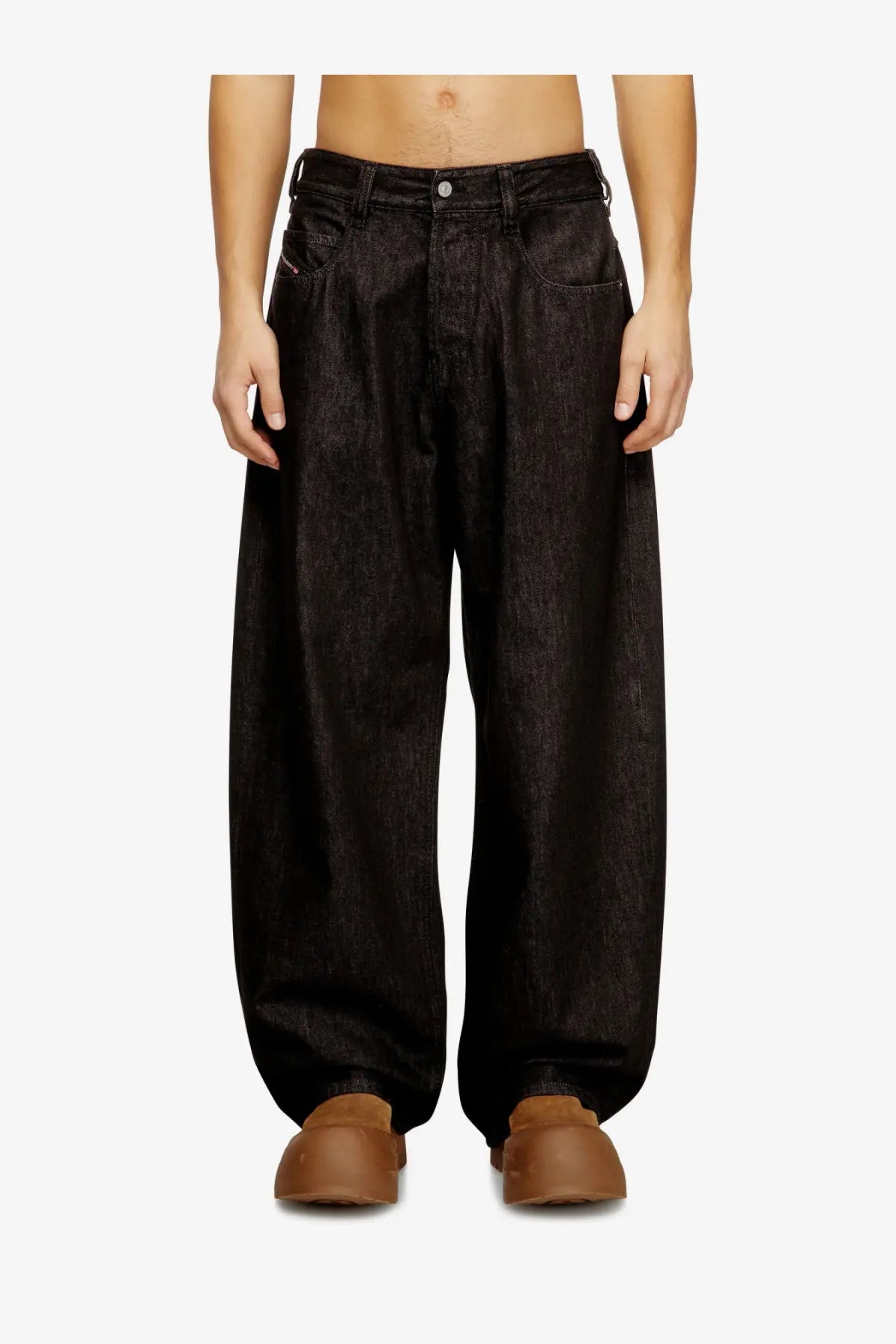 Diesel men’s black denim trousers with wide-leg fit, faded textured finish, and classic five-pocket design