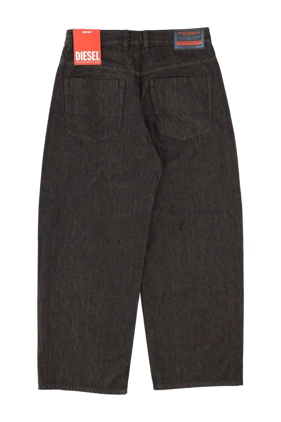 Diesel men’s enim jeans black dark-wash denim with relaxed wide-leg cut and classic back pockets shown from the back