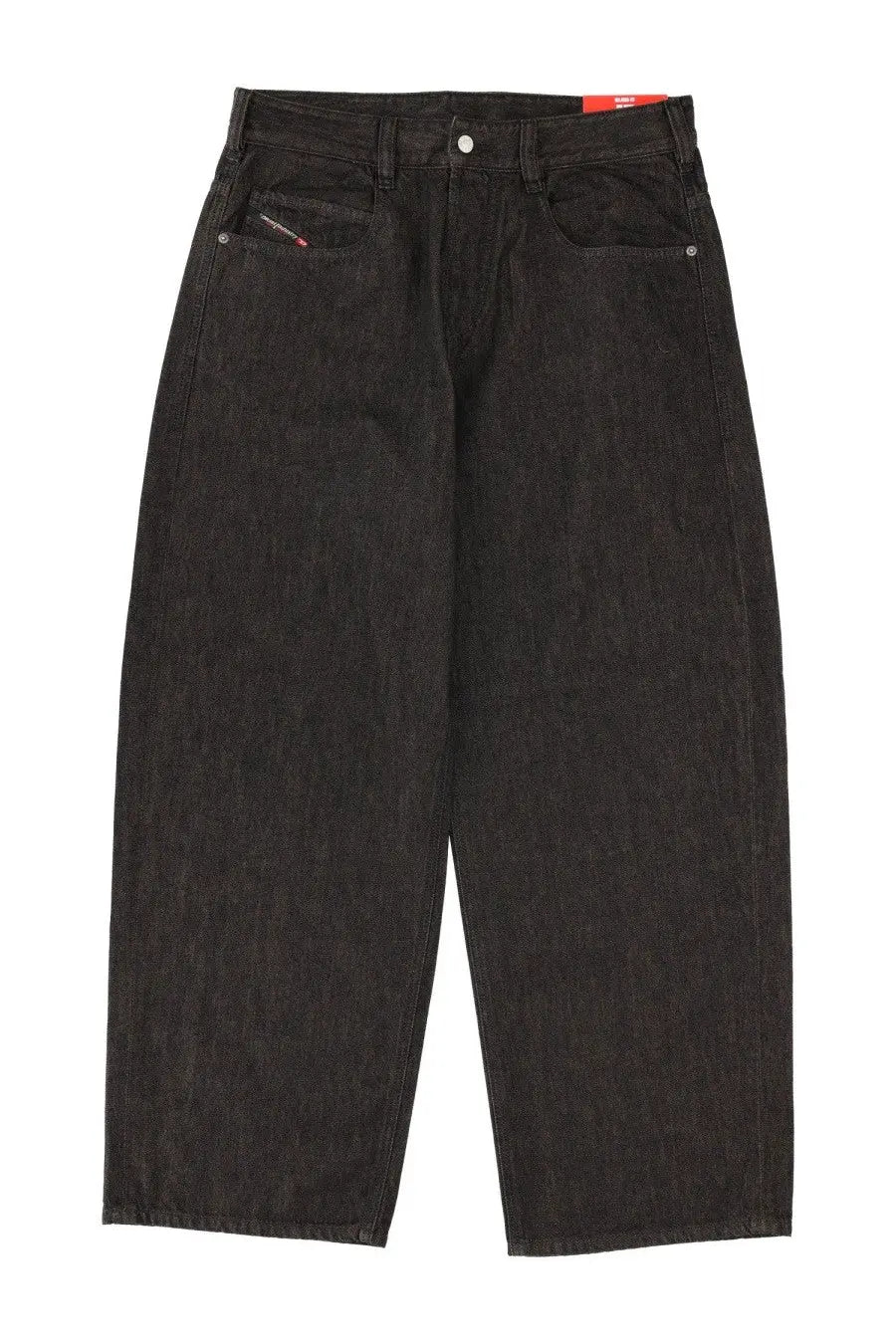 Diesel men’s black denim jeans with a relaxed wide-leg cut and subtle fading details
