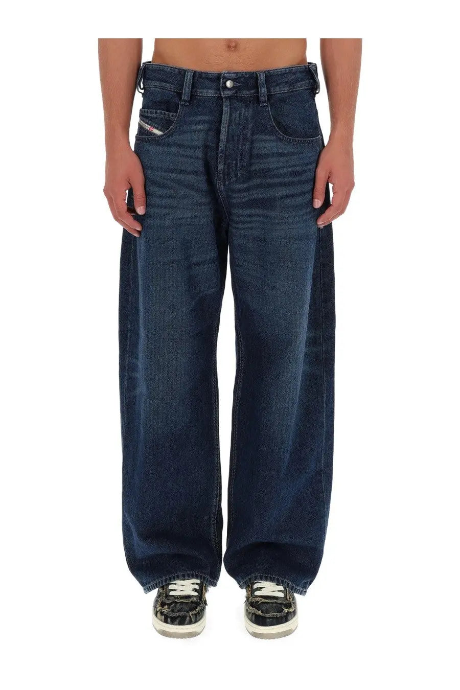 Diesel men’s blue denim jeans with a relaxed wide-leg cut and visible stitching details