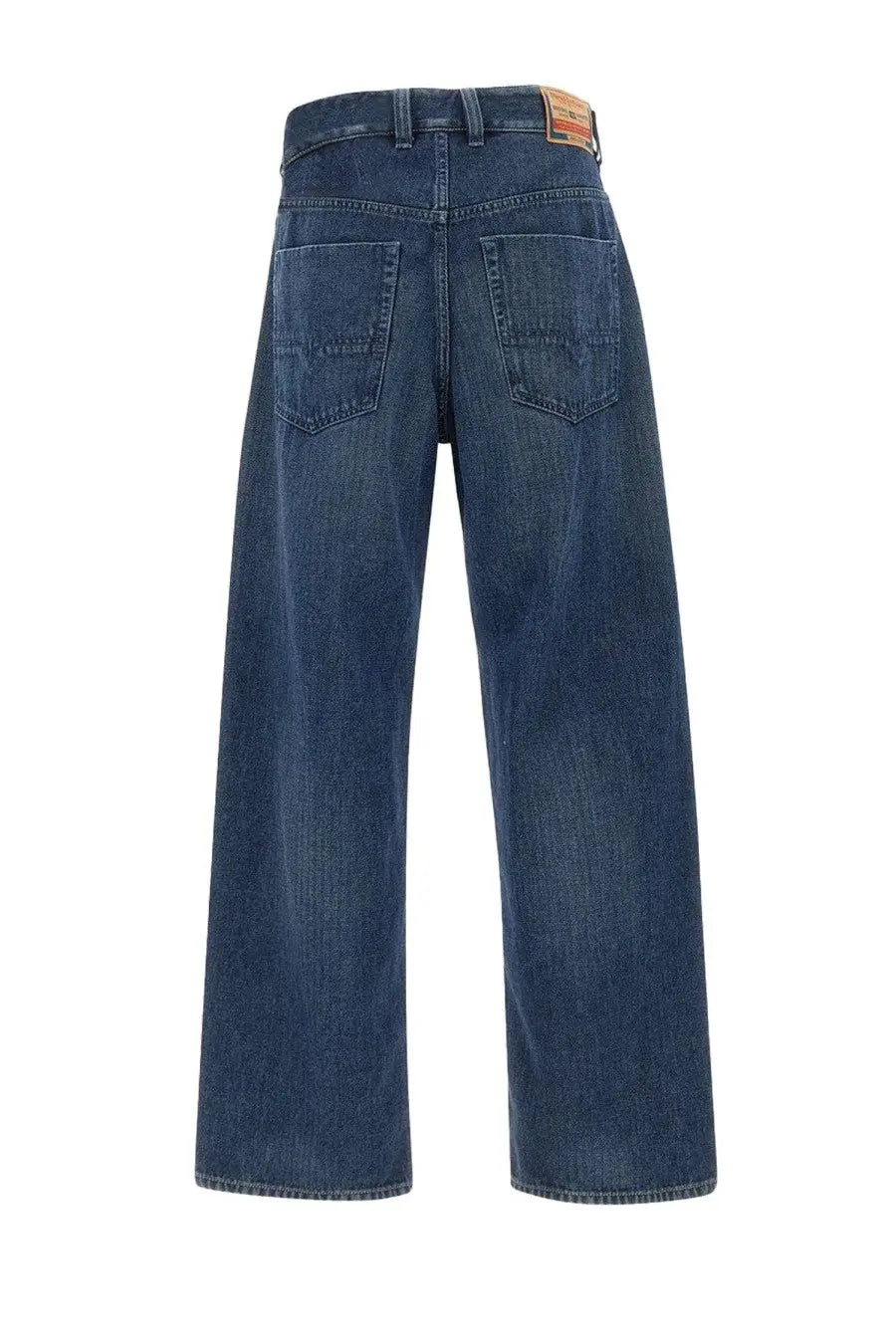 Dark blue denim men’s wide-leg jeans with classic back pockets shown from the back by Diesel