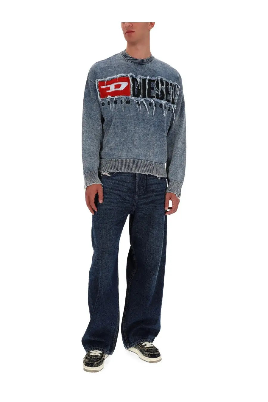 Blue distressed diesel men’s sweatshirt with red and black logo on chest matching denim jeans product image