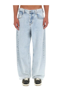 Diesel men’s light-wash denim jeans in blue with a wide-leg cut and visible stitching details