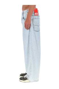 Light-wash denim wide-leg jeans with red Diesel brand tag at waistband in Diesel men’s Enim jeans blue product