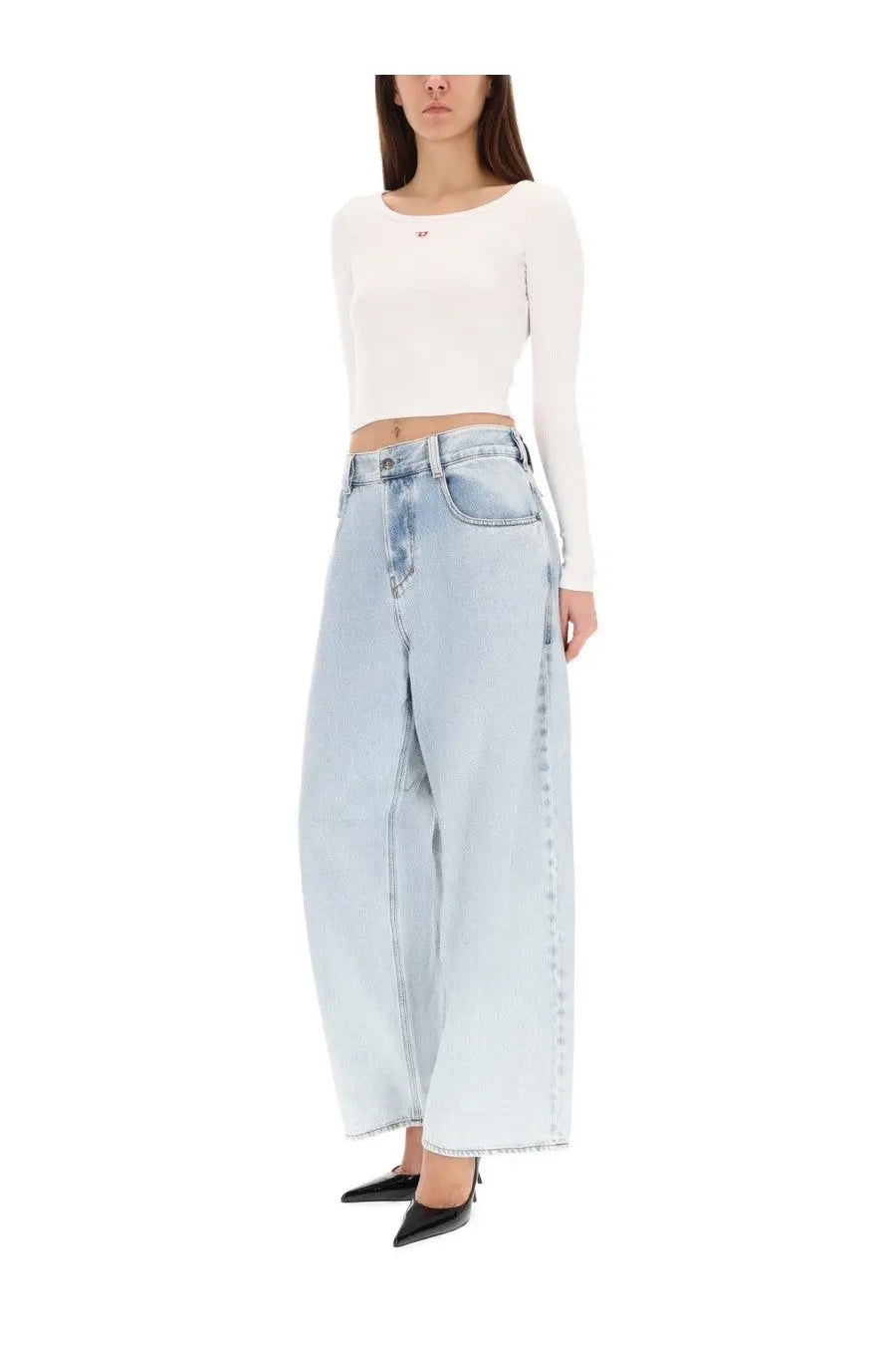 Diesel men’s denim jeans blue light-wash wide-leg trousers with relaxed flowing silhouette and visible seam stitching