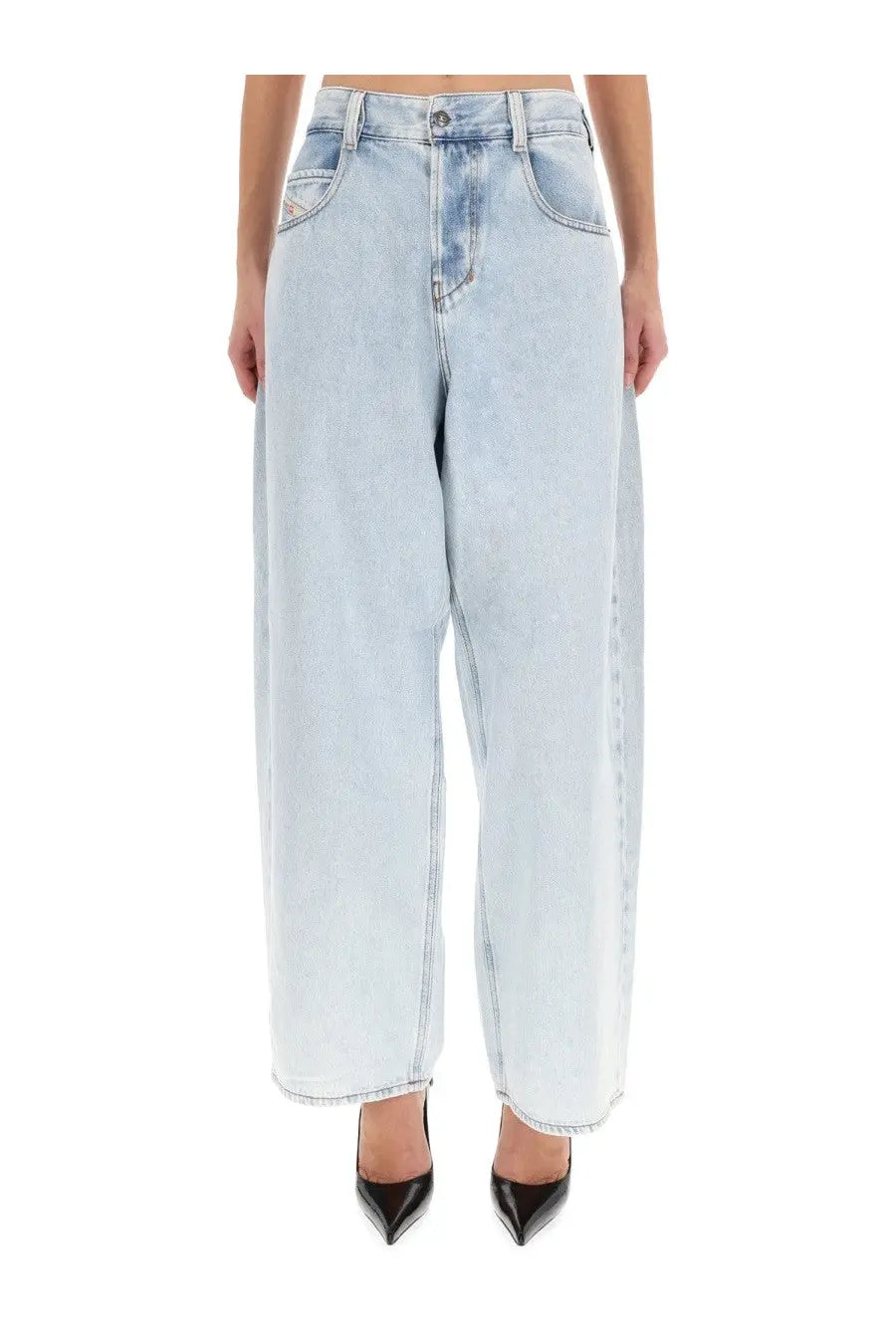 Diesel men’s denim jeans blue light-wash wide-leg trousers with high waist and frayed hems