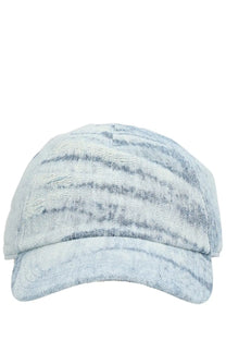 Diesel men’s feel baseball cap in light blue distressed denim with faded washed-out look and subtle horizontal stripes
