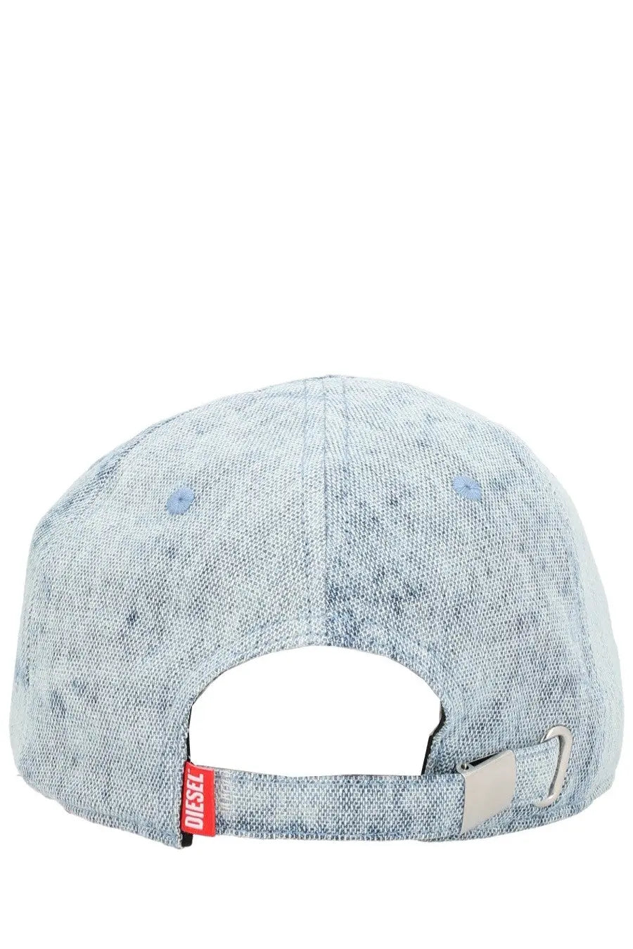Light blue denim textured diesel men’s feel baseball cap with red brand tag and silver metal buckle at the back