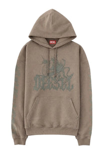 Diesel men’s felpa con brown dusty beige diesel hoodie with faded green dragon graphic and stylized brand name on chest