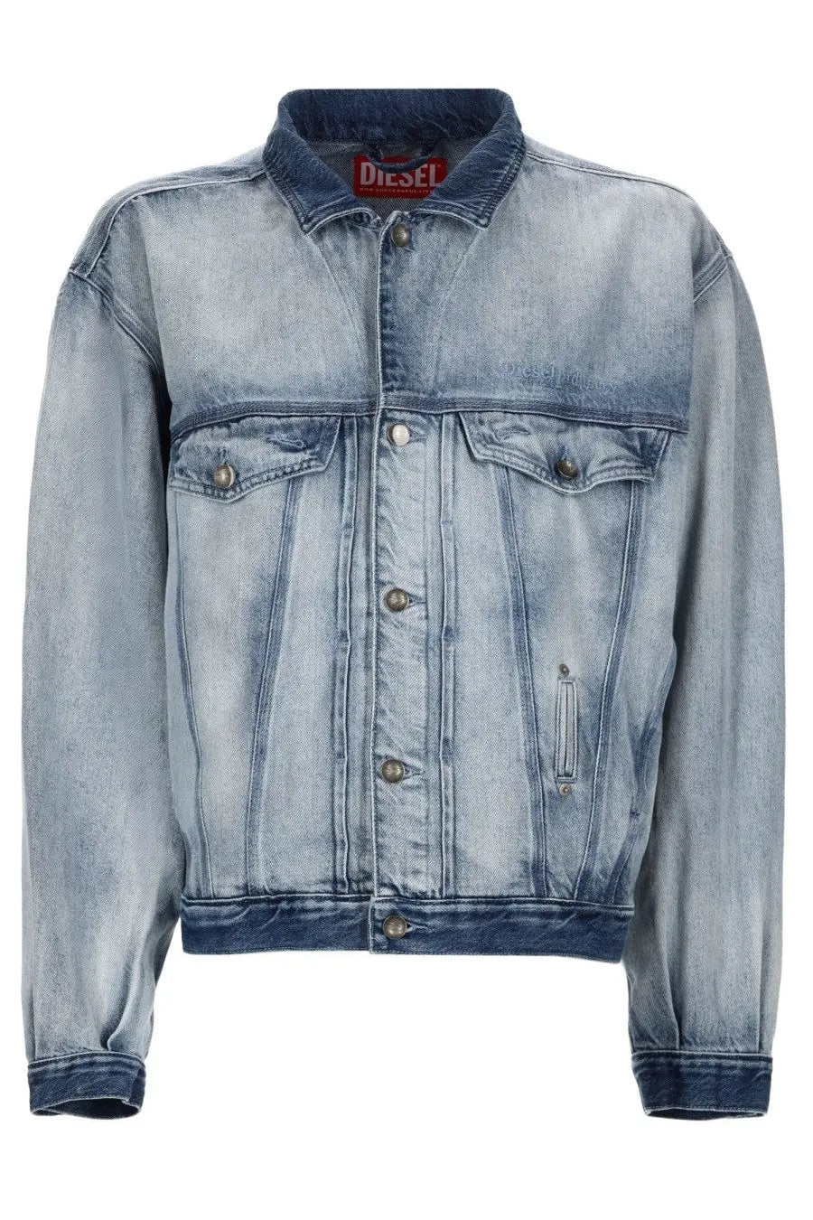 Diesel men’s giacca Denver FSI1 blue light-wash denim jacket with faded distressed look and dark blue collar and cuffs