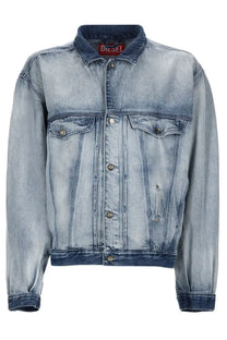 Diesel men’s giacca Denver FSI1 blue light-wash denim jacket with faded distressed look and dark blue collar and cuffs