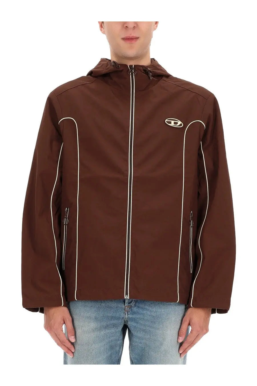 Diesel men’s hives brown hooded jacket with white zipper and seam accents in brown diesel fabric