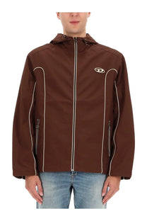 Diesel men’s hives brown hooded jacket with white zipper and seam accents in brown diesel fabric