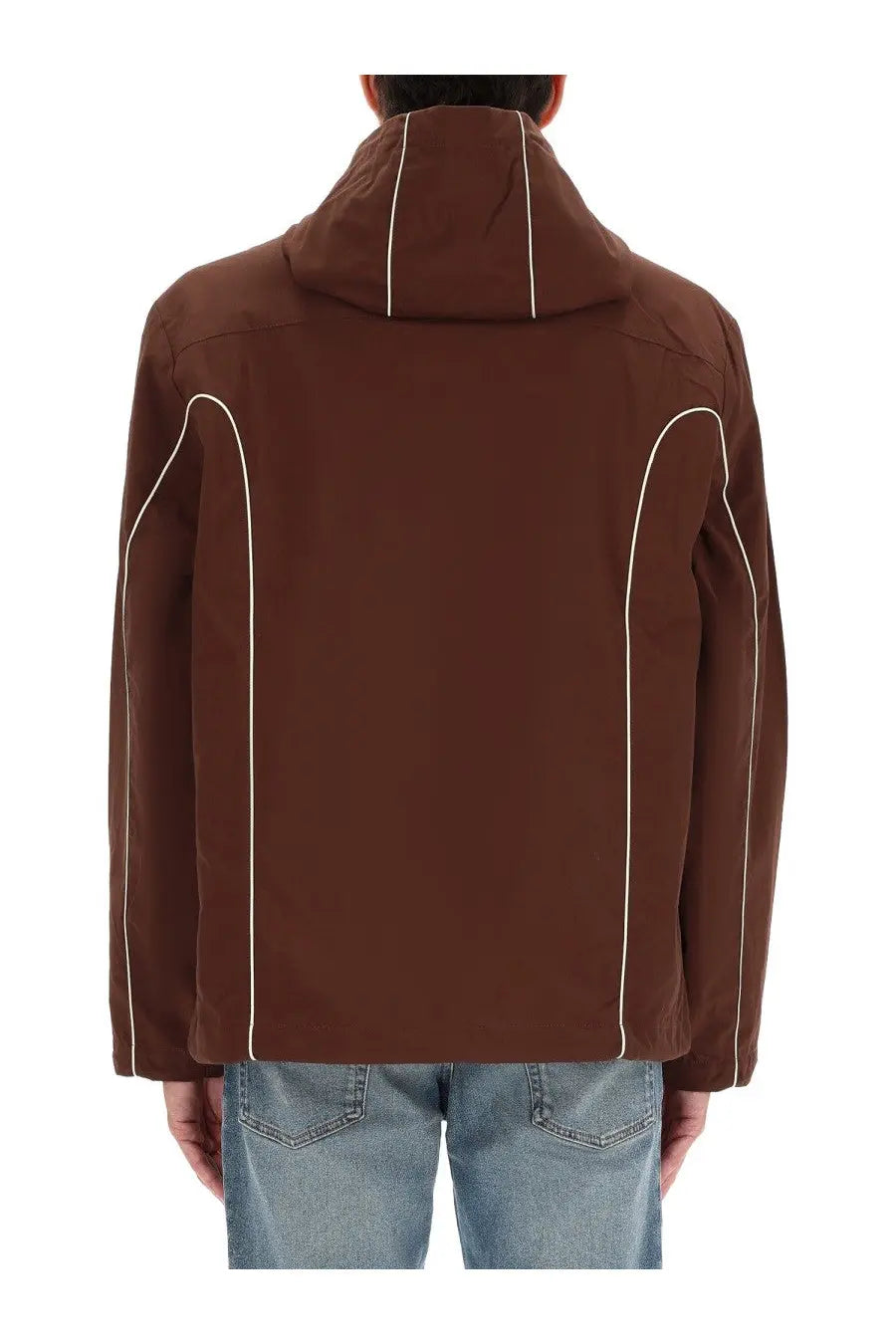 Diesel men’s hives brown hooded jacket with white contrast stitching along seams and shoulders