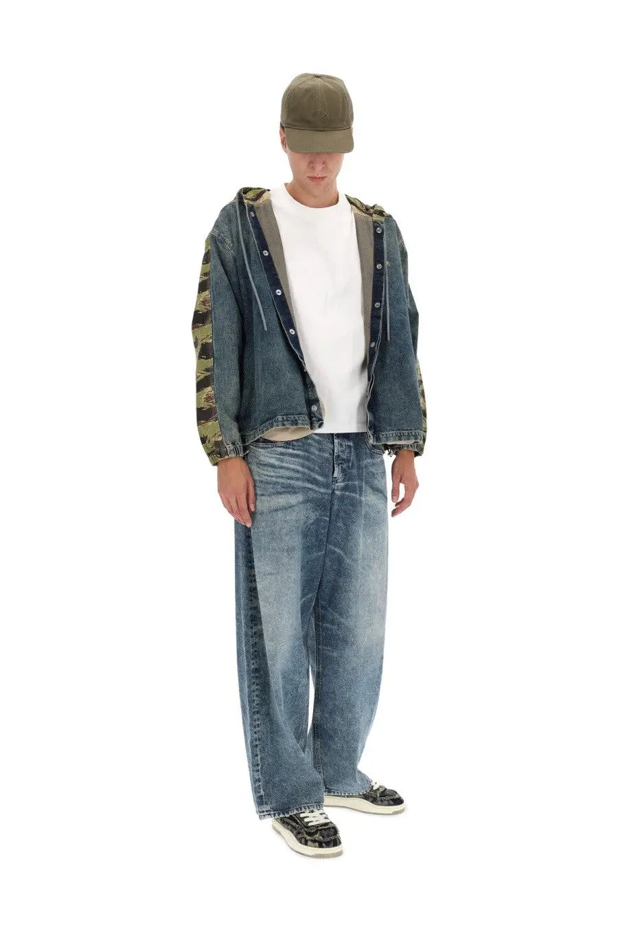 Diesel men’s hooded jacket blue featuring denim body with camouflage patterned sleeves and classic button closures