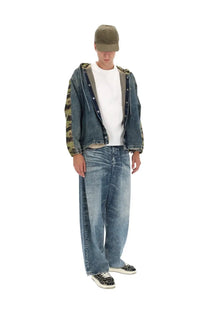 Diesel men’s hooded jacket blue featuring denim body with camouflage patterned sleeves and classic button closures