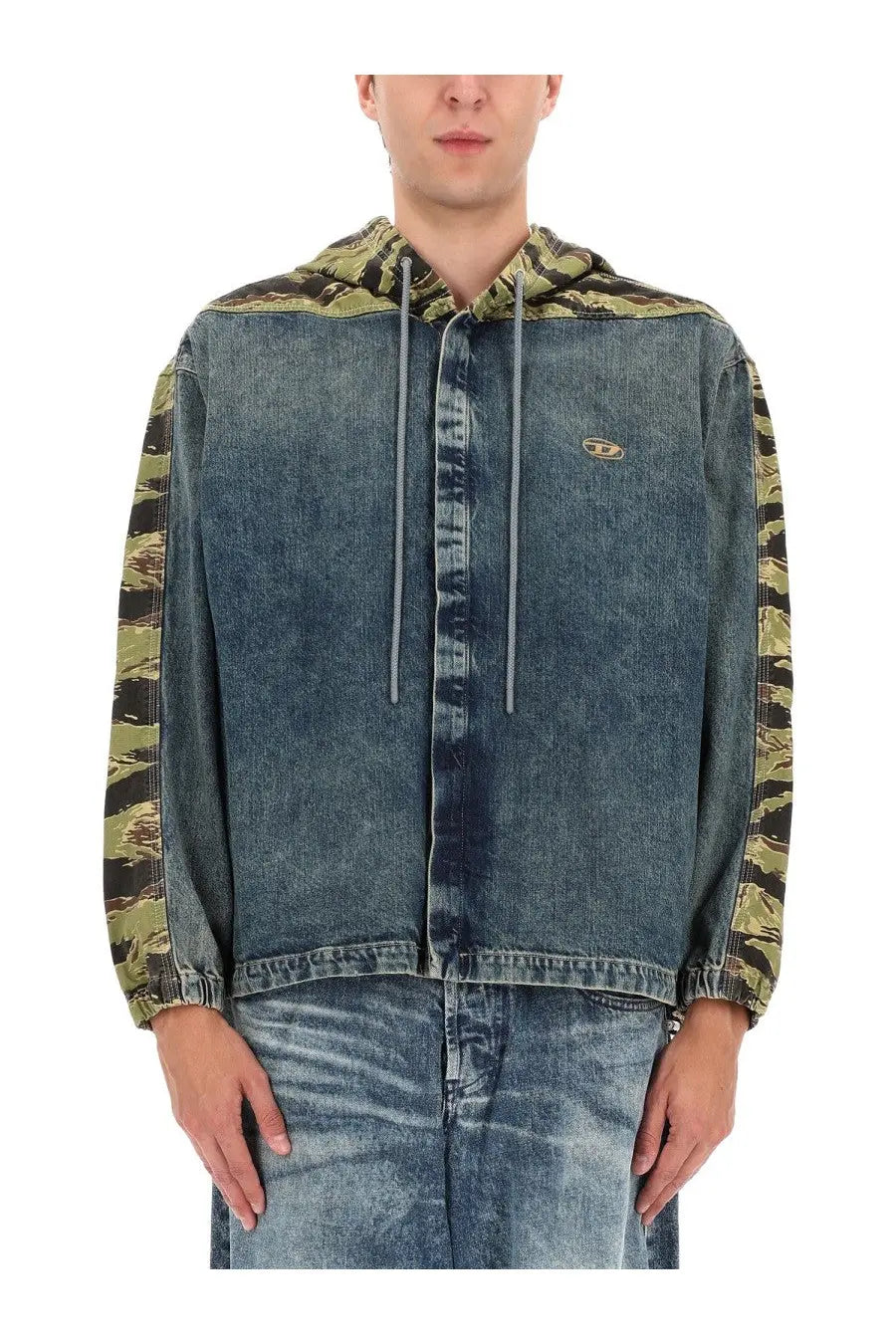 Diesel men’s blue denim hooded jacket with camouflage sleeves and hood featuring a small embroidered logo on the chest
