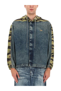 Diesel men’s blue denim hooded jacket with camouflage sleeves and hood featuring a small embroidered logo on the chest