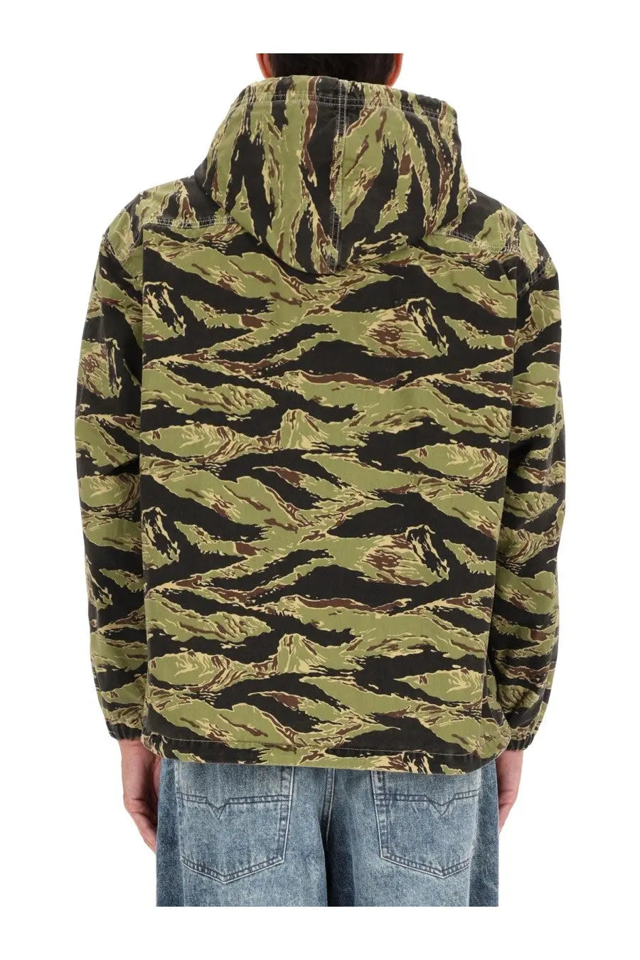 Diesel men’s hooded jacket in blue with tiger stripe camouflage pattern in olive green black and brown tones