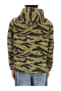 Diesel men’s hooded jacket in blue with tiger stripe camouflage pattern in olive green black and brown tones
