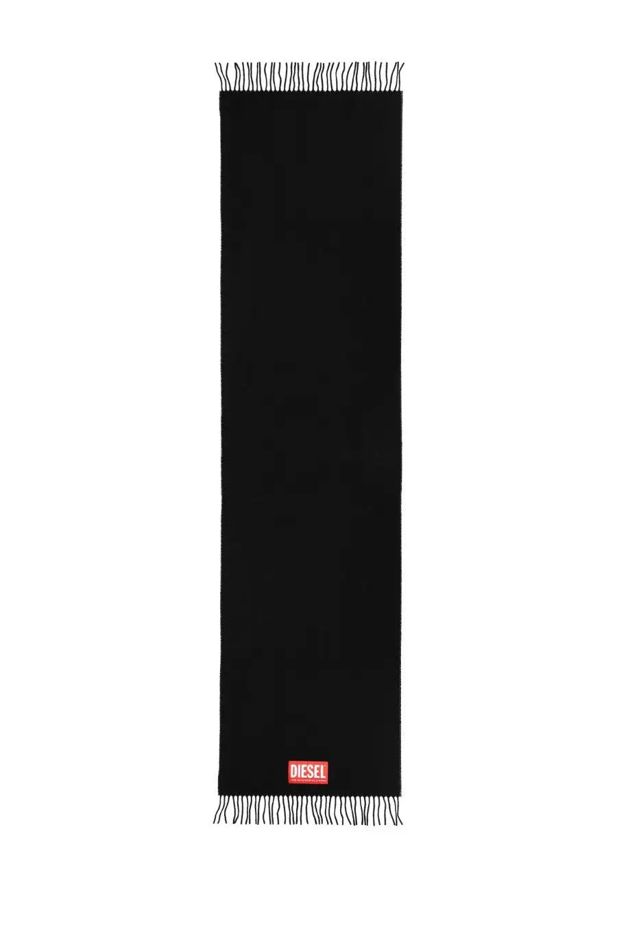 Diesel men’s imon scarf black in knit fabric with fringed ends and red logo patch at the bottom