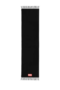 Diesel men’s imon scarf black in knit fabric with fringed ends and red logo patch at the bottom