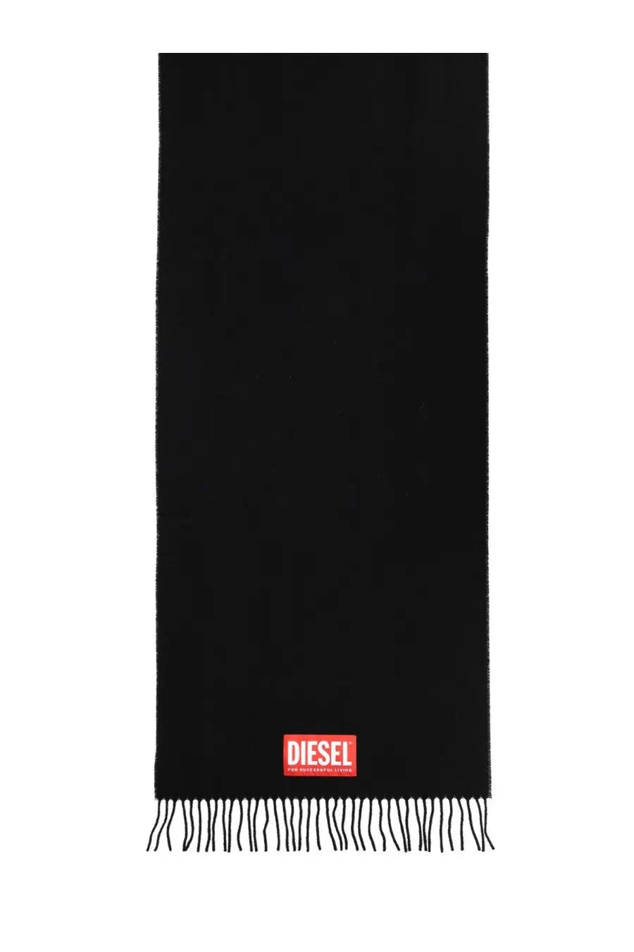 Diesel men’s imon scarf black wool blend with red logo patch and fringed edges for stylish winter wear